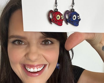 Halloweentown Red & Blue Headphone Hard Enamel Dangle Earrings