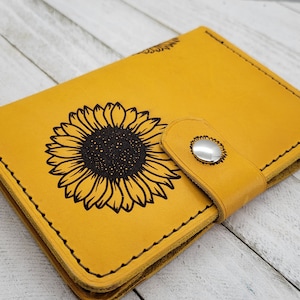 Leather passport wallet, travel wallet, snap wallet, vacation wallet, international wallet, sunflower wallet, wristlet wallet