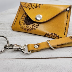 leather sunflower wristlet wallet combo, Key fob, Key keeper, card wallet, leather mini wallet, sunflower wallet