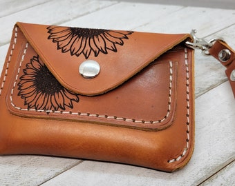 Leather wristlet wallet combo, Key fob, Key keeper, card wallet, leather mini wallet, sunflower pouch, unisex wallet, english bridle color