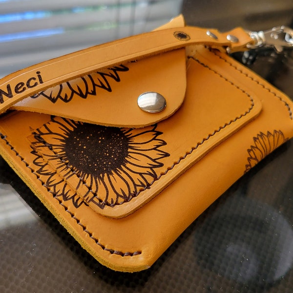 Personalized wristlet, gift for her, sunflower wallet, envelope style wristlet, minimalist all-purpose wristlet, leather wristlet