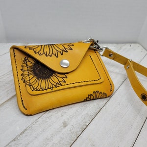Regalo de billetera de muñeca de girasol de cuero para el día de la madre, accesorio de verano para ella, lindo bolso minimalista de verano, billetera de muñeca de cuero pequeña