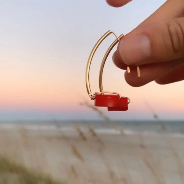 Red Coral Earrings, 14k Gold Filled, Threader earrings, Art Deco Earrings, Big Earrings, Colorful earrings, Red Earrings