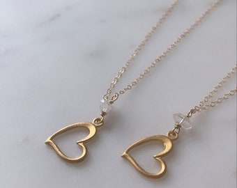 Collana cuore pieno d'oro 14K, collana di diamanti Herkimer, collana cuore, collana a strati, regalo per la festa della mamma, regalo damigella d'onore