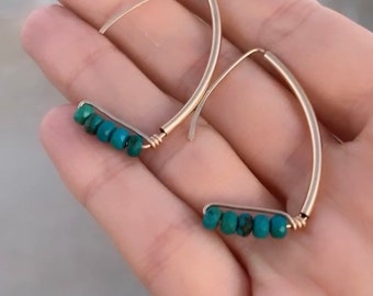 14K Goldfill Threader earrings, Green Turquoise Earrings, Hammered Threader Earrings, Statement Earrings, Bridal Earrings, Mother's Day Gift