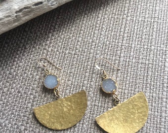 Hammered Brass Statement earrings, Art Deco Earrings, Druzy Earrings, Bridal Earrings, Mother's Day Gift. Semicircle Earrings, Big Earrings