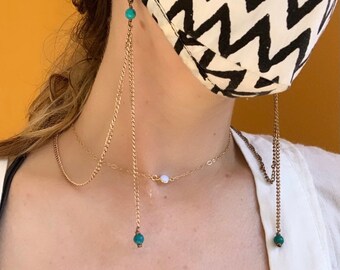 Brass and turquoise Mask Chain, Mask Accessories, Gold Mask Chain, Mask Chain, Unisex Gifts, Functional Fashion