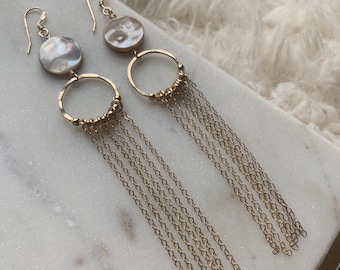 Mother of Pearl Dangle Earrings • Gold-filled Chain Waterfall Earrings • Boho Bridal Earrings • Gift for Mom, Girlfriend, her •