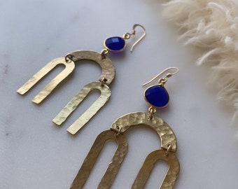 Brass Deco Earrings, Blue Chalcedony Gemstone Earrings, Statement Earrings, Chandelier Earrings, Mother's Day Gift, Boho Earrings, Bridal