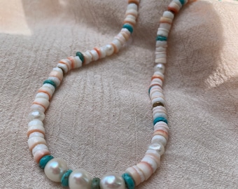 Beaded Pearl and Shell Choker • Beaded Pearl Necklace • Pearl and Colorful Bead Choker • Gifts for her • Shell necklace • Color Pop necklace