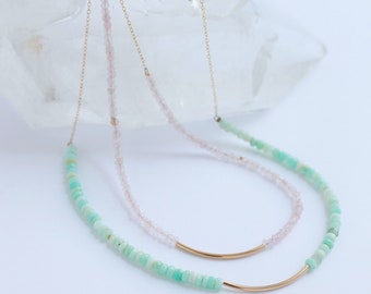 14K Gold-filled Beaded Choker, Beaded gemstone choker, Peruvian Opal Necklace, Beaded Necklace, Mother's Day Gift, Gold Bar Necklace, Layer