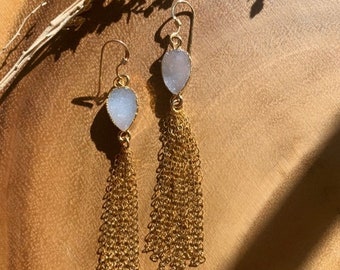 Druzy Chain Dangle Earrings • Goldfilled Chain Dangle Earrings • Festive Sparkle Tassel earrings • Gift for her • 14K Goldfilled Druzy