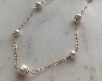 14K Gold-filled and Pearl Beaded Necklace • white pearl satellite necklace • Boho Bridal necklace • Beaded Pearl Necklace • gifts for her