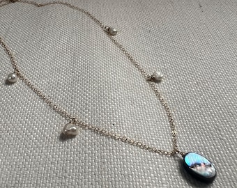 Abalone and Freshwater Pearl necklace • 14K Goldfilled • layering necklace • dainty necklace • bridal jewelry • bridesmaid • white pearl