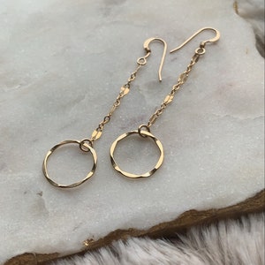 14K Gold filled Earrings, Hammered Hoop earrings, Dangle Earrings, Gold Chain Earrings, Delicate Earrings, Boho Earrings
