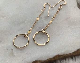 14K Gold filled Earrings, Hammered Hoop earrings, Dangle Earrings, Gold Chain Earrings, Delicate Earrings, Boho Earrings