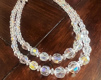 Vintage Double Stand Crystal Beaded Choker 16” with Hook Clasp