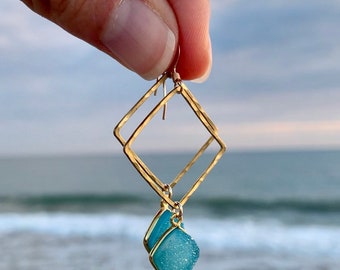 Raw Brass Blue Druzy Diamond Earrings • Geometric Earrings • Gifts for her • Gifts for mom, sister, girlfriend • Holiday Earrings