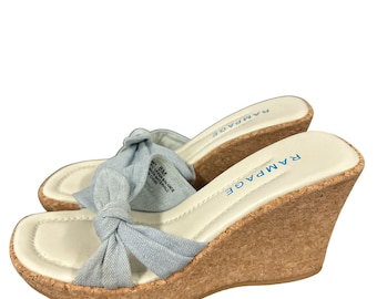 Vtg Y2k Rampage Blue Denim Cork Platform Sandals Chunky Womens Size 8