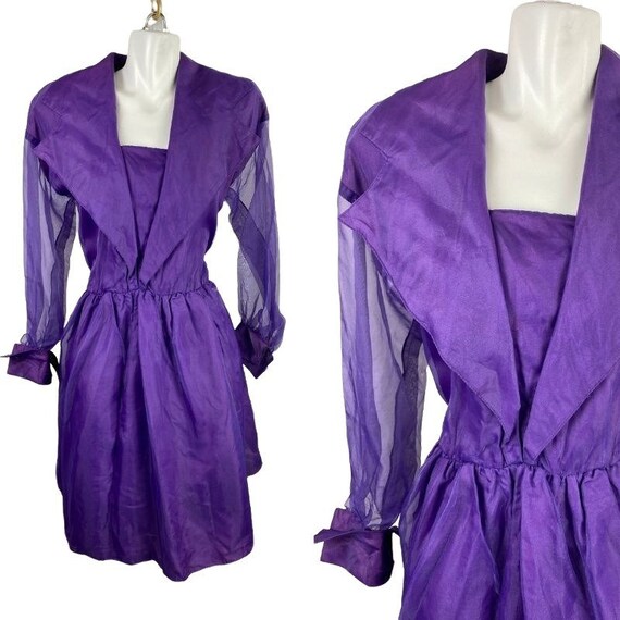 1990s Purple Taffeta Chiffon Shawl Collar Sheer S… - image 1