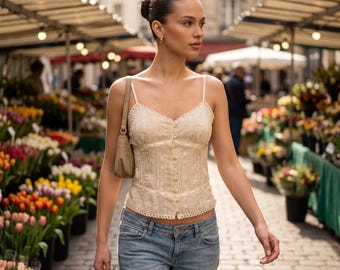Vintage Coquette Lace Corset Top Cream Fairycore Boho Y2K Bustier Tank Blouse M