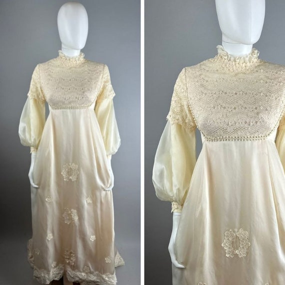 1960s Cream Wedding Dress Bishop Sleeves Floral E… - image 1
