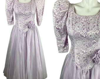 Vtg 80s Alfred Angelo Pastel Purple Lace Puffy Sleeve Chiffon Prom Dress Sz 7/8