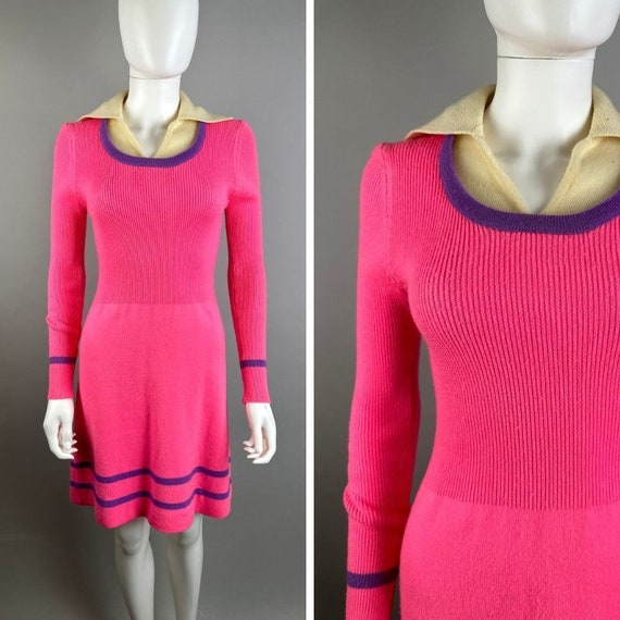 Vtg 70s Barbie Pink Knit Sweater Dress Oversized … - image 1
