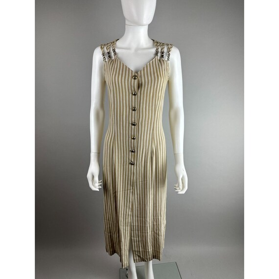 Vtg 90s Beige White Stripe Midi Dress Button Down… - image 6