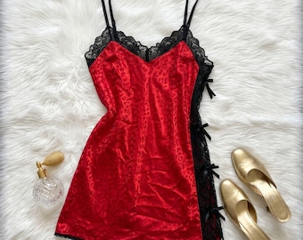 Vintage Y2K Red Cheetah Print Slip Dress Lace Side Bows Mob Wife McBling Size L