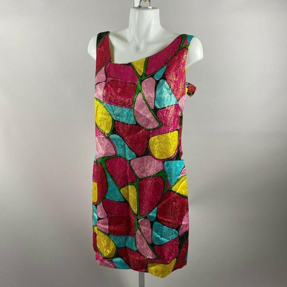 Vtg 60s Pixie Shift Dress Pink Colorful Metallic L