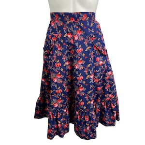 Vtg 70s Glenora Navy Red Floral A-Line Skirt Womens Sz XS/S 100% Cotton Pockets