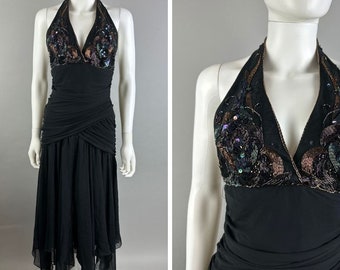 Vtg 80s Casadei Black Chiffon Sequin Beaded Halter Handkerchief Dress Size XS/S