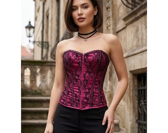 Vintage Y2K Hot Pink Black Lace Corset Top Bustier Boned Lace Up Back Large L