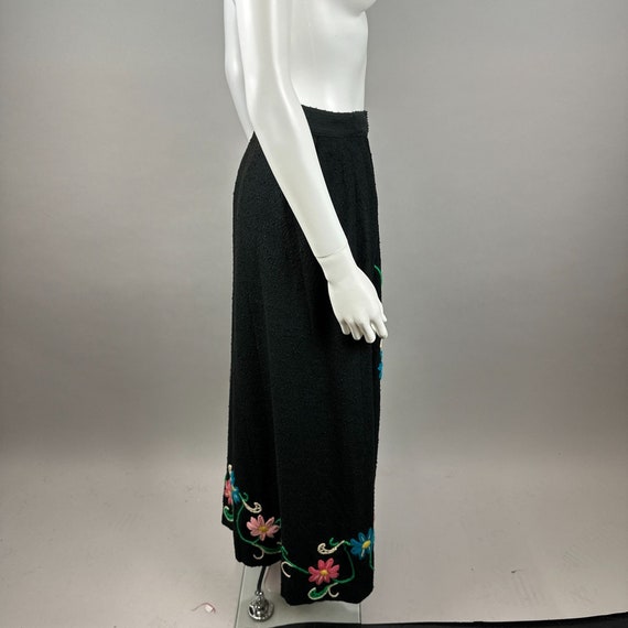 1960s Black Wool Maxi A-Line Skirt Embroidered Cr… - image 5