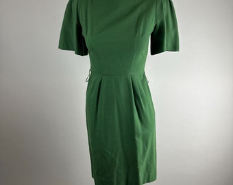 Vtg 60s Meo of California Green Fitted Career Dress Flare Sleeve Wool Size Small