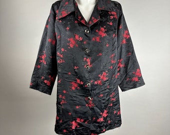 Vtg 70s Black Red Floral Jacquard Asian Inspired Coat Jacket Womens SIze Small