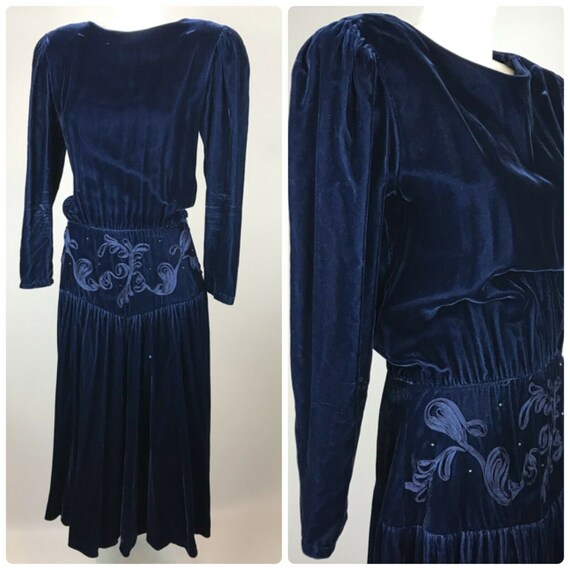 Vtg 80s Does 40s Donna Morgan Navy Blue Velvet Flo