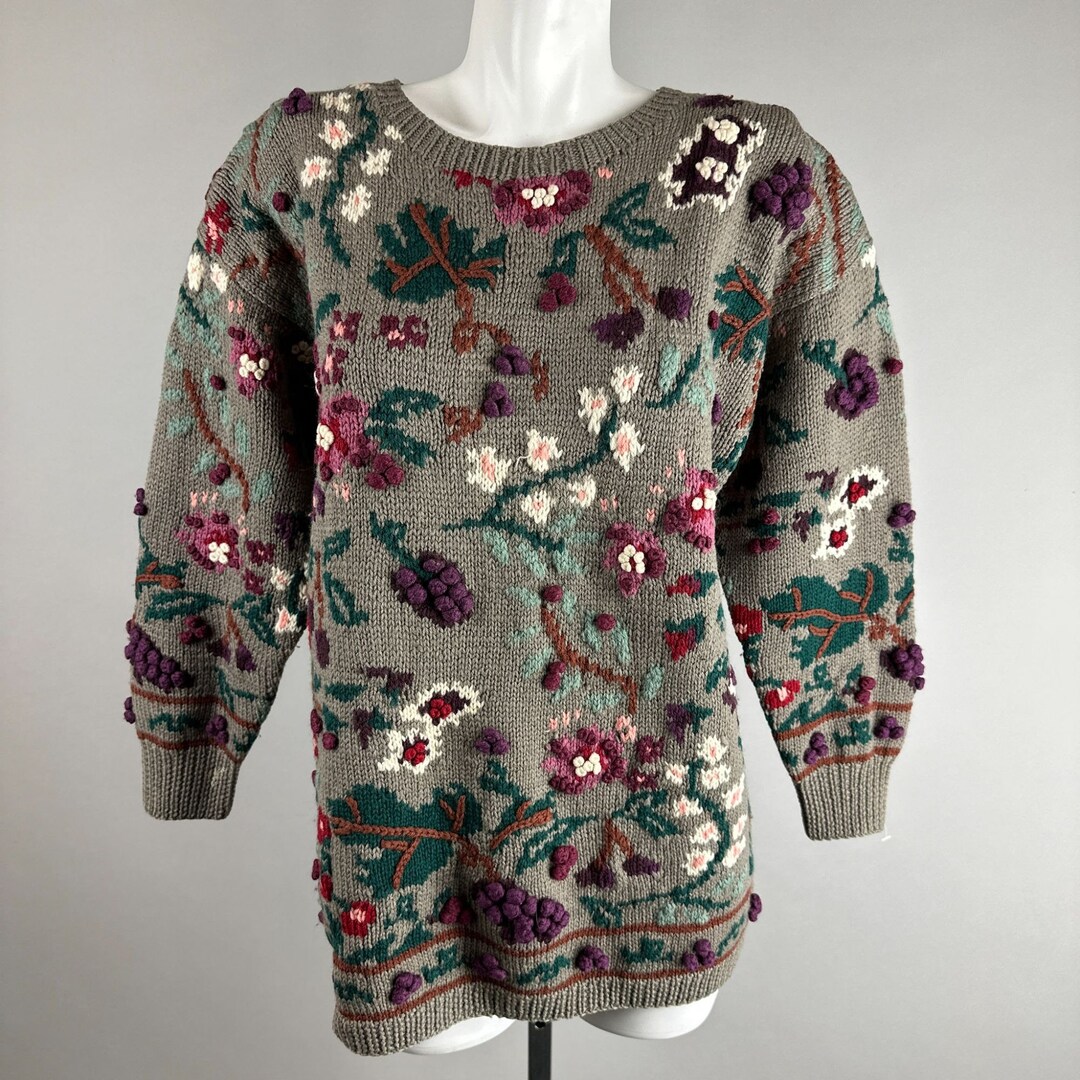 Vtg 90s Brown Floral Grape Vinery Nubby Knit Oversized Sweater 100% ...