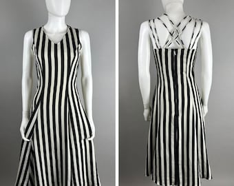 Vtg 80s Anica Black White Stripe Fit Flare Strappy Dress Midi V Neck Size Medium