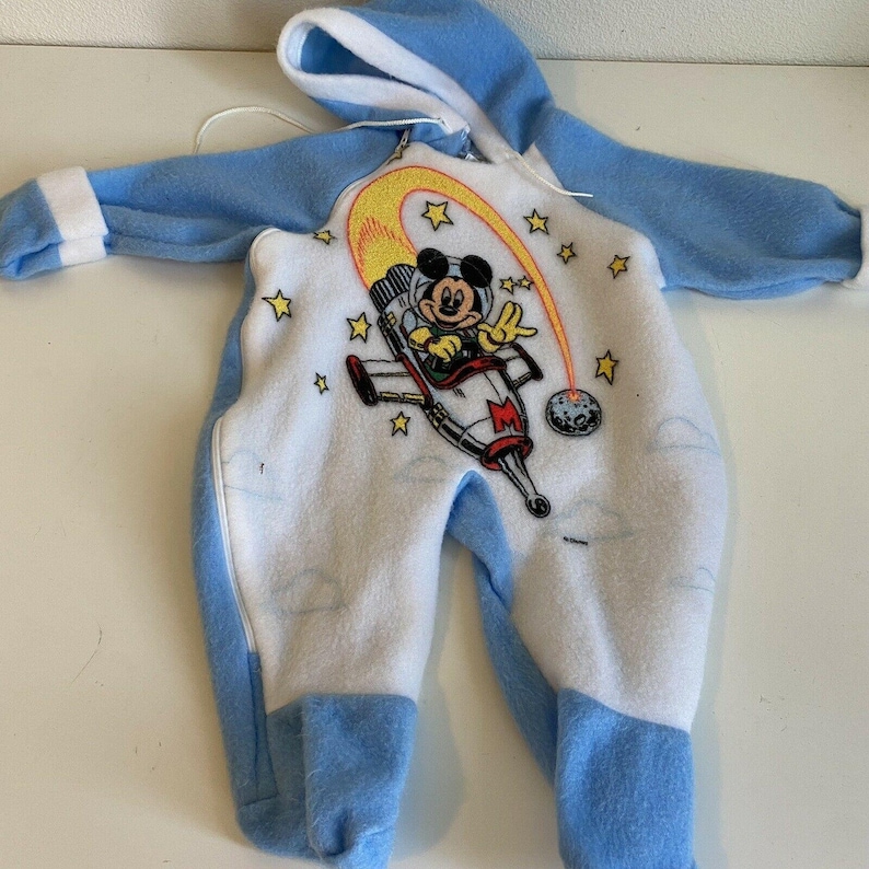 Vtg 80s 90s Mickey /& Friends Rocket Ship Pajamas One Piece Hooded Sleep Suit S
