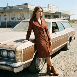 May include: A woman wearing a long, rust-colored plaid coat with a button-up front, leaning against a vintage station wagon. The car is tan with wood paneling. The background features a weathered building under a bright sky.