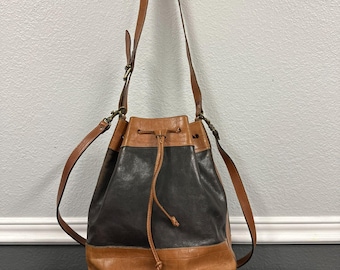 Vtg Y2k Furla Black Tan Leather Bucket Duffel Bag Purse Straps Buckles Classic