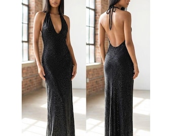 Vintage Y2K Gunne Sax Prom Dress Black Glitter Halter Gown Euphoria Goth 11