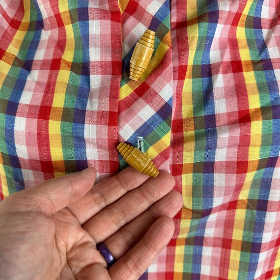 Vtg 80s Rainbow Plaid Button Down Blouse Tie Slee… - image 5