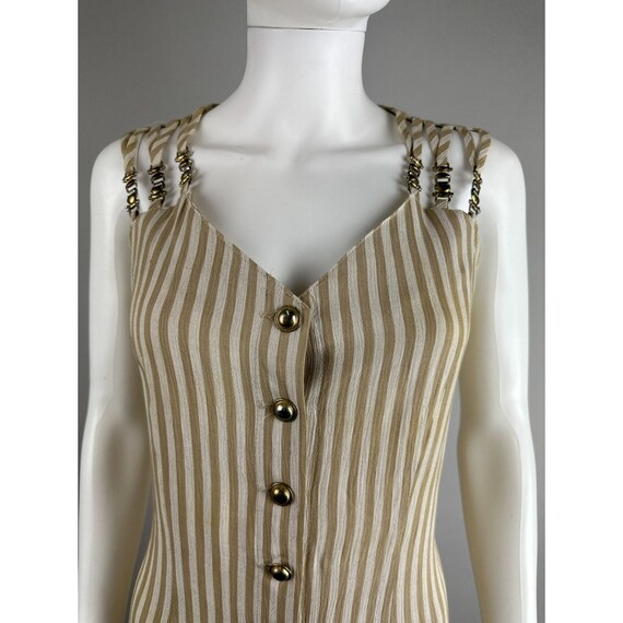 Vtg 90s Beige White Stripe Midi Dress Button Down… - image 7