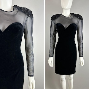 Vtg 90s Black Velvet Mini Dress Sheer Neckline Sequin Shoulders Size 8 Glam