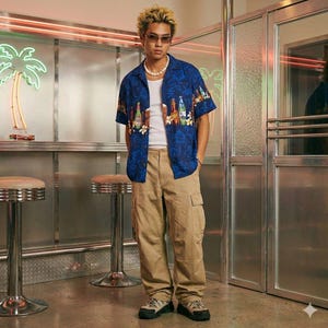 May include: A blue patterned short-sleeved shirt with a beer bottle design, worn with khaki cargo trousers. The outfit includes a white vest, sunglasses, and a pearl necklace. The background shows a neon palm tree sign and diner-style seating.