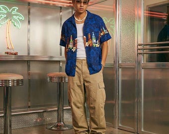 Vintage Y2K Novelty Print Aloha Shirt Beer Bottle Tiki Bar Party Dadcore Large