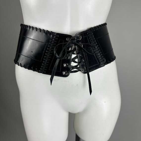 Vtg 80s Yves Saint Laurent Black Wide Leather Lac… - image 4